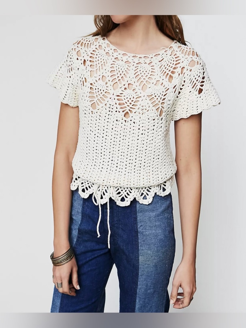Free People Vintage 60s Crochet Tie Waist Top Ivory OS
